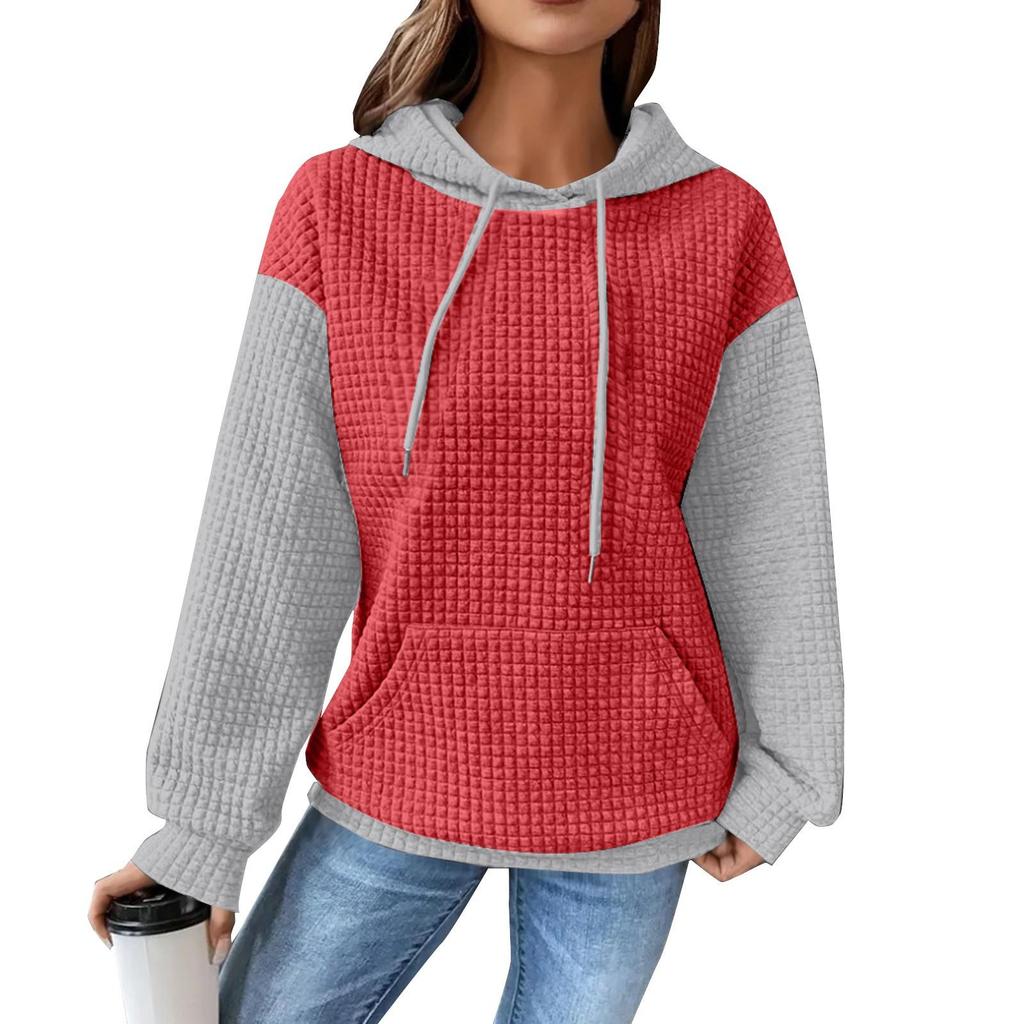 Top a manica lunga con cappuccio, stile casual, a blocchi di colore, a quadri, con coulisse e tasca