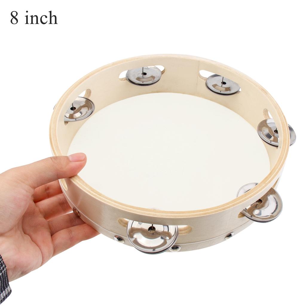 Wood 6 8 10 Inch Hand Held Tambourine Sheepskin Head Single Row Jingles Church Party KTV Musical Educational Rhythm Percussion Instrument Gifts