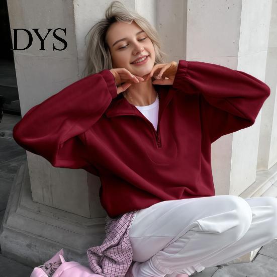 Lady Sweatshirt Women Solid Color Collared Sweatshirt, Loose Half Zipper Collar Pullover Top Top, Casual Sports Long Sleeve Outfits for Autumn Winter