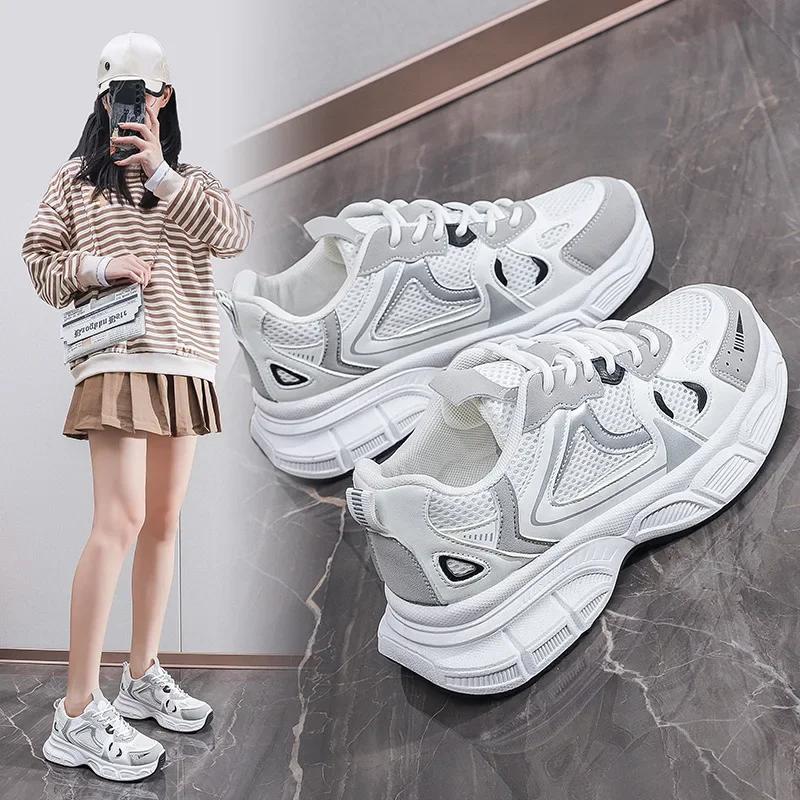 Fashion Chunky Platform Sneakers for Women Spring Breathable Mesh Thick Bottom Vulcanized Shoes Woman Casual Lace Up Sports Running Shoe