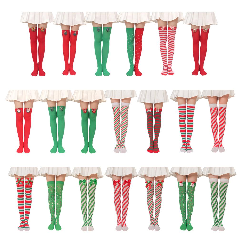 Women Cartoon 3D Plush Toy Striped Over Knee Long Socks Bowknot Thigh High Stockings for Christmas Cosplay Costume