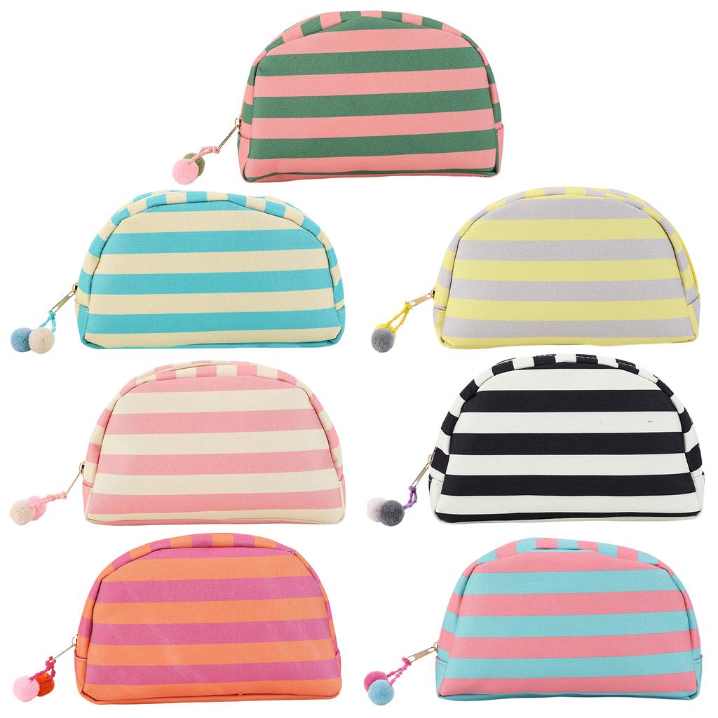 Stylish Fringed Stripe Cosmetic Bag Nylon Bridesmaid Holiday Essentials Pouch with Cute Color Ball Gift for Family & Friends