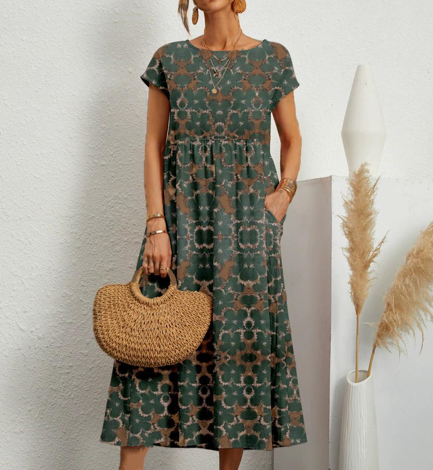 European & American Style Loose Sleeveless Cotton Linen Dress with Matching Colors & Sizes - Round Neck Summer Print Dress for Women