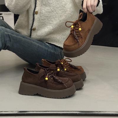 Plateau Britischer Stil kleine Lederschuhe Damen Herbst 2025 neu Boken Damenschuhe Retro Big Head Einzelne Schuhe braune Slipper