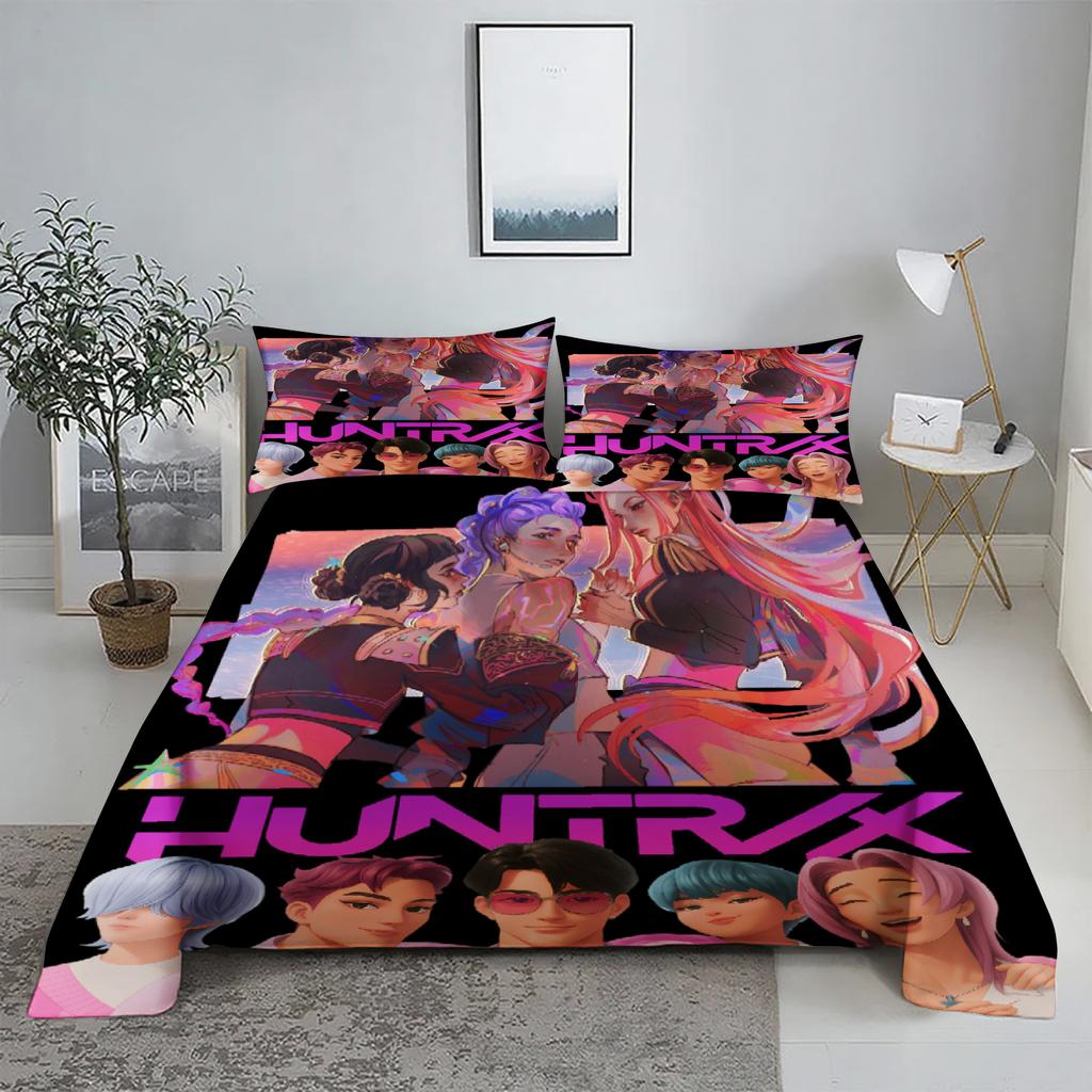 Huntrix, Rumi, Mira D-Dämonenjäger K-Pop Bettwäsche-Set 3D-bedrucktes Bettlaken mit Kissenbezug Bettwäsche King Queen Size