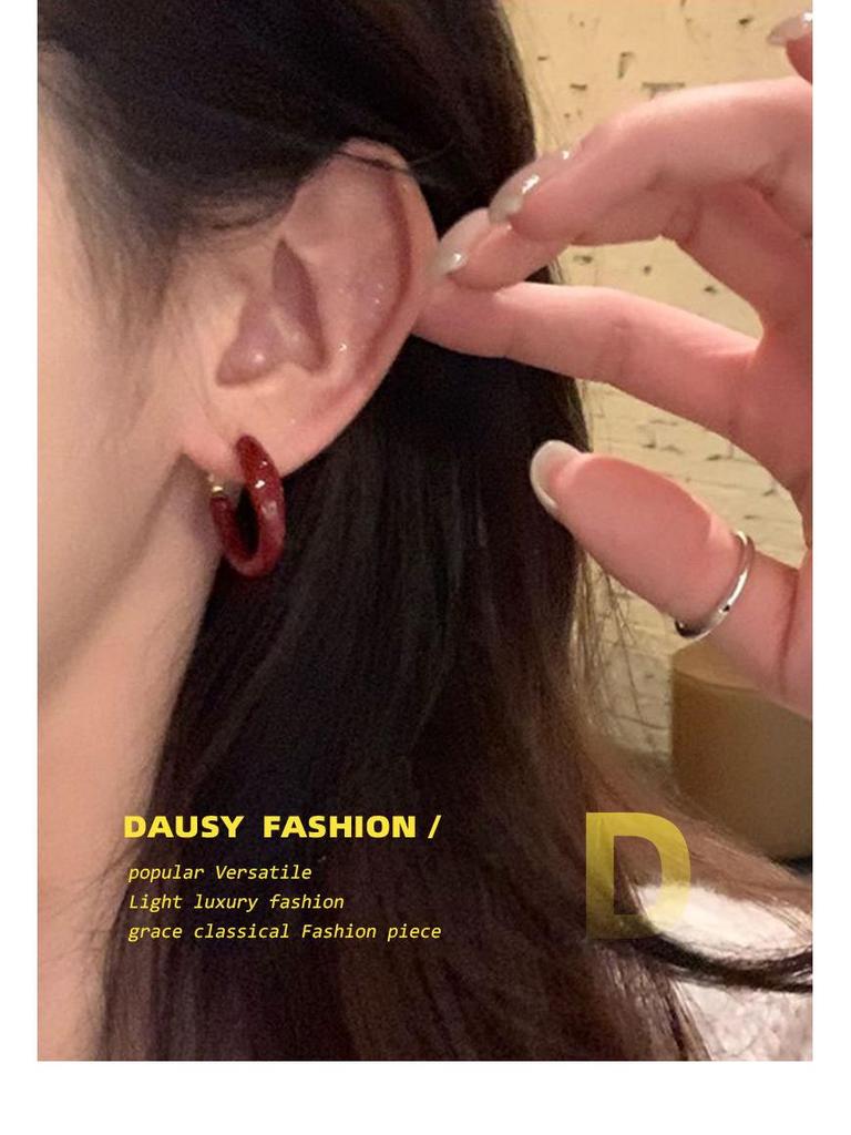 Angkor Red Small Hoop Earrings: Retro Design, 925 Silver Needle