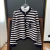 Yingjie S 2023 Autumn/Winter Retro French Ruffled Collar Striped Knit Cardigan with Embroidered Lettering