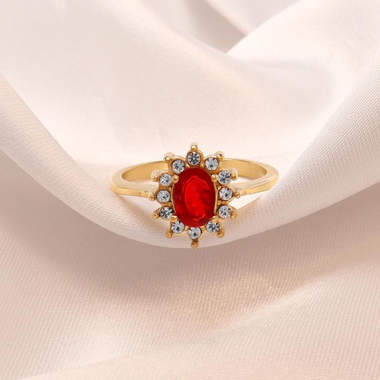 18K Gold Plated Double Layer Coarse Zircon Ring Stainless Steel Rimmed Oval Colored Zircon Ring for Woman