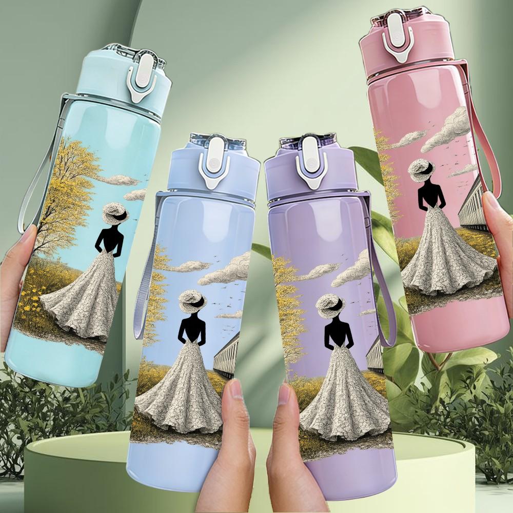 1PC Bride Girl Under Tree Train Scene Print 750ml Color Plastic Sports Water Bottle Leakproof Flip Straw Lid Suitable for Sports Office Home Use