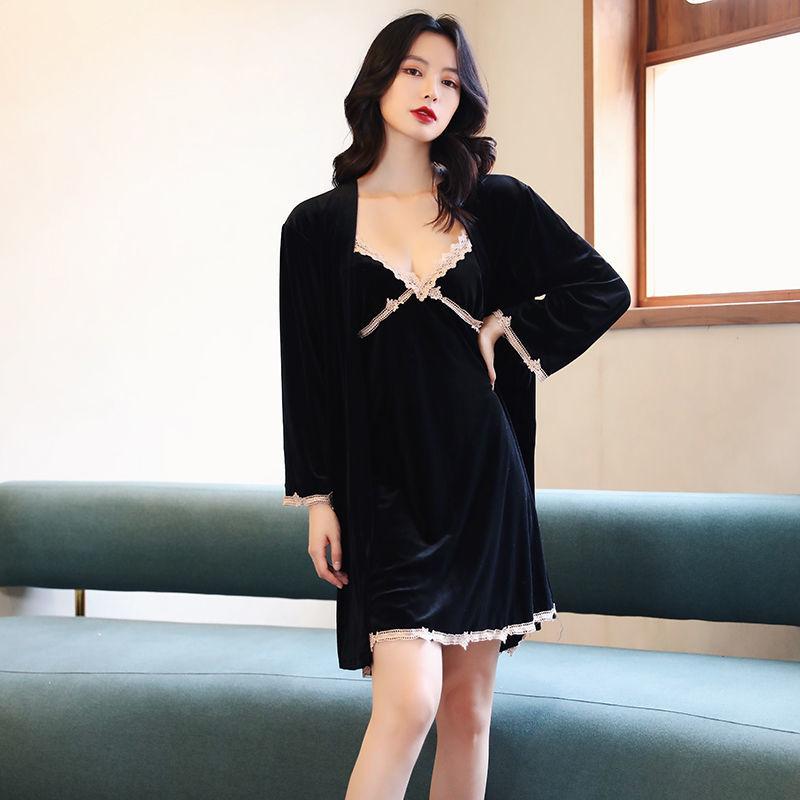 

Бархатная женская домашняя одежда, сексуальное кружевное кимоно, банный халат, отделка, комплект из 2 предметов, свободная повседневная одежда для отдыха, осень-зима, велюровая одежда для сна XL