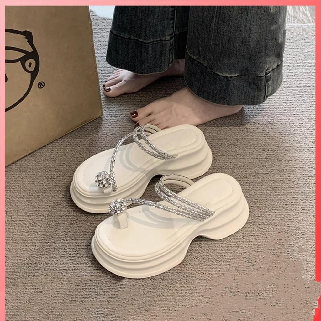 Fashion French toed Slippers Summer New Outdoor Shoes Fashion pearl slippers Thick soled open toed Flip-flops sandals Zapatos Mujer