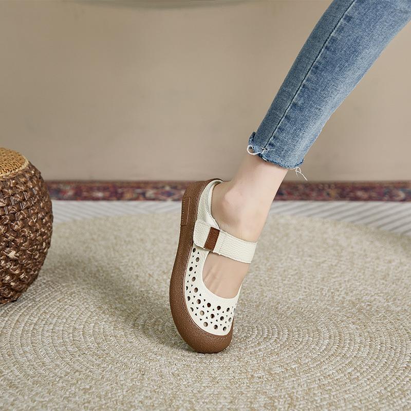 The first layer of cowhide retro genuine leather women's head summer new flat-bottomed Velcro hollow women's casual shoes