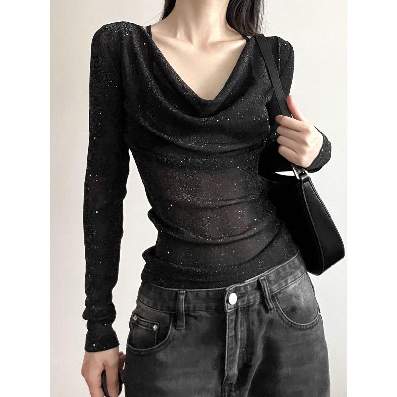 Chic Sequin V Swing Neck Long Sleeve T-shirt Women's Design Sense of Fashion Micro Transparent Slimming Spice Girl Top Trend