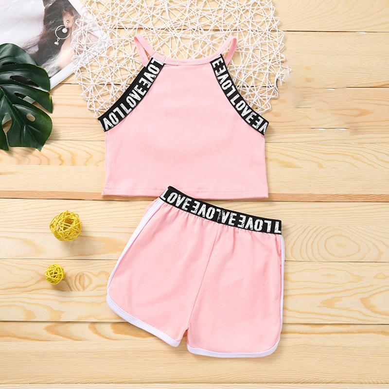Ensemble Vêtements de Sport d'Été Tendance pour Enfants 2-6 ans Combinaison débardeur et short Patchwork Lettres 2 Pièces pour Filles Tenue Décontractée Gilet Enfant 90 for 1-2Y rose