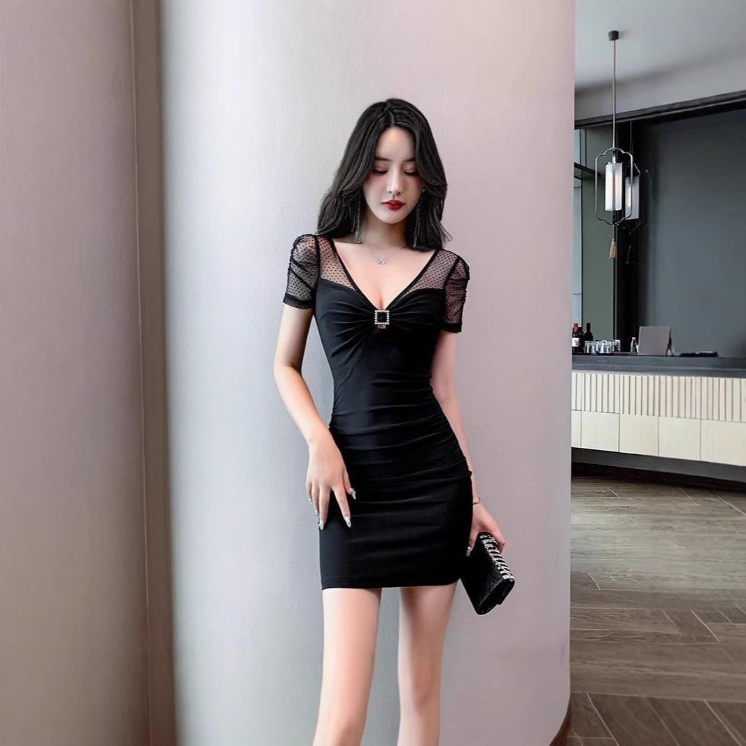 

2025 Сетчатое лоскутное платье мини с низким вырезом - Сексуальное и стройнящее для женщин Medium чёрный