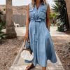 Turn-Down Collar Sleeveless Women Dress Belt Solid Color Single Breasted Denim Midi Dress Ladies Clothing