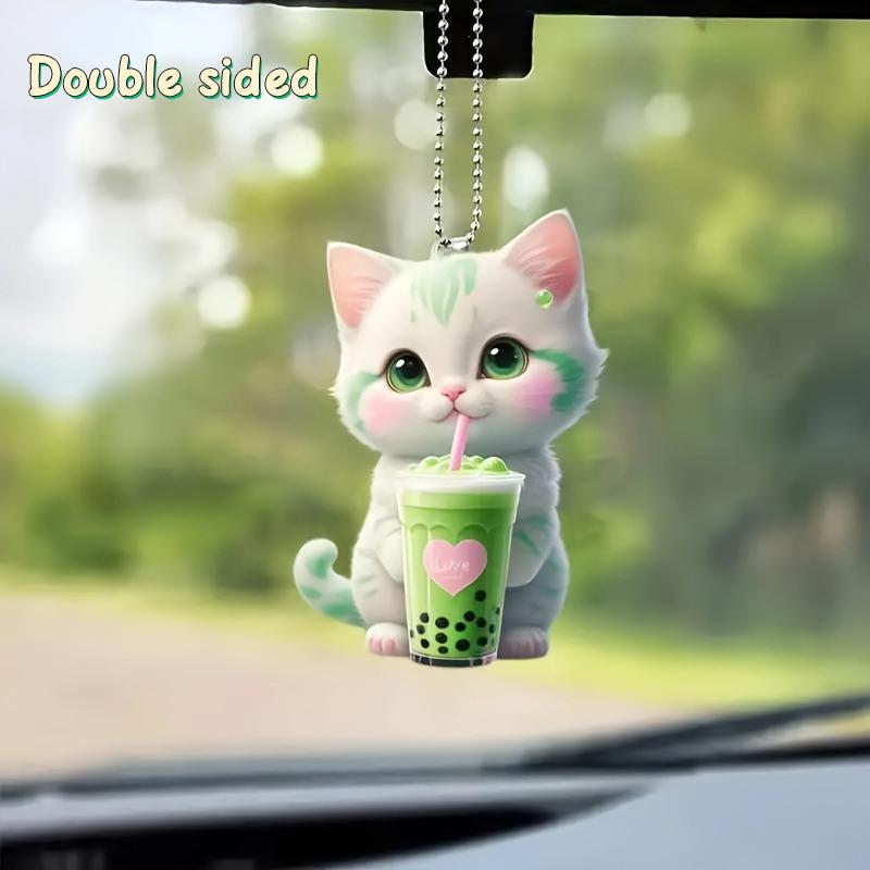 

Milk Tea Car Hanging Pendant Rearview Mirror Decoration Cat-Shaped 2D Acrylic Hanging Ornament Car Interior Decor Handmade Craft Double sided