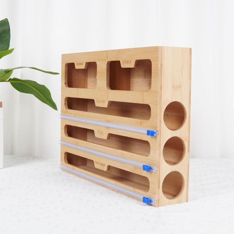 High Quality Wooden Wrap And Bag Holder With Smooth Cutting Feature For Organized Kitchen Storage