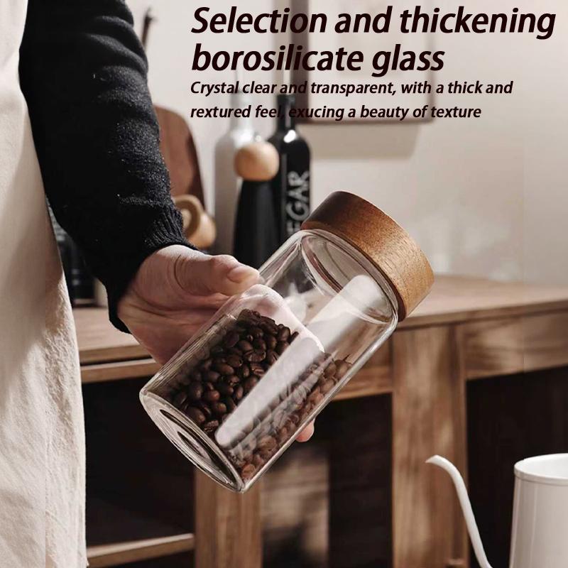 Coffee Bean Glass Sealed Jar Tea Coffee Powder Spice Sealed Storage Jar Acacia Wood Lid Glass Jar