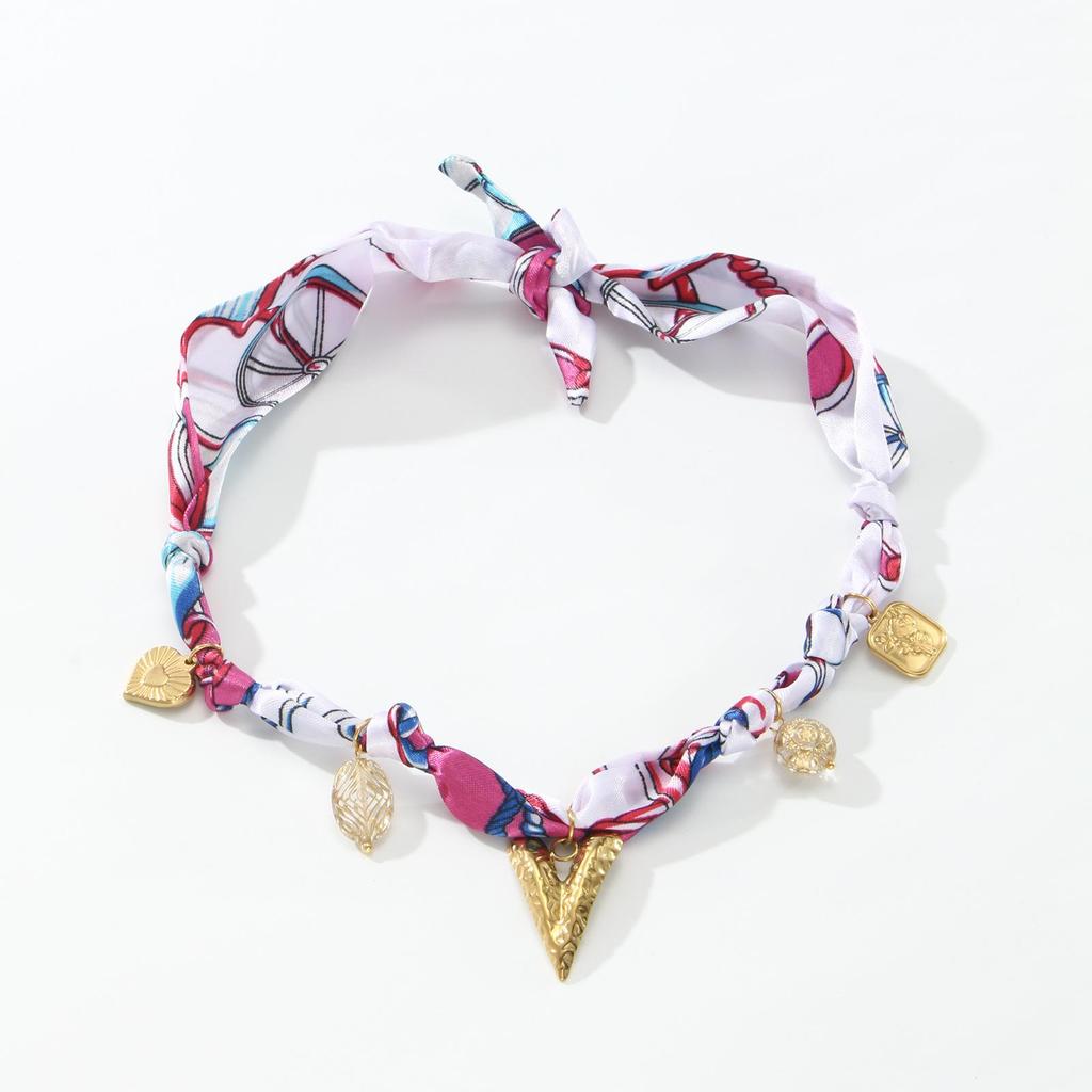 V-Shaped Color-Block Silk Scarf with Multi-Metal Pendant Necklace