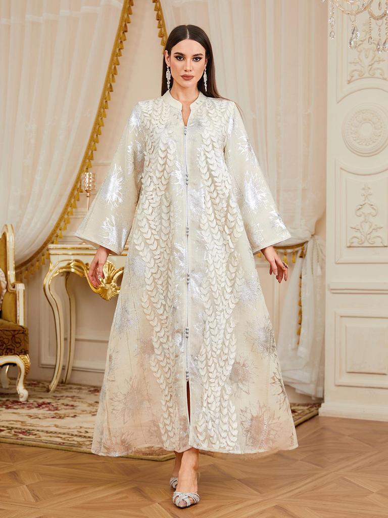 Gold & Silver Applique Muslim Women's Abaya - Long Dubai Robe Dress