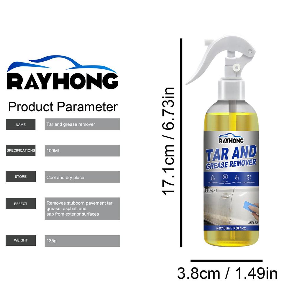 Rayhong car degreasing cleaner, body oil, asphalt tar remover, outdoor tree sap, insect stains, body dirt cleaning and maintenance solution 100ml