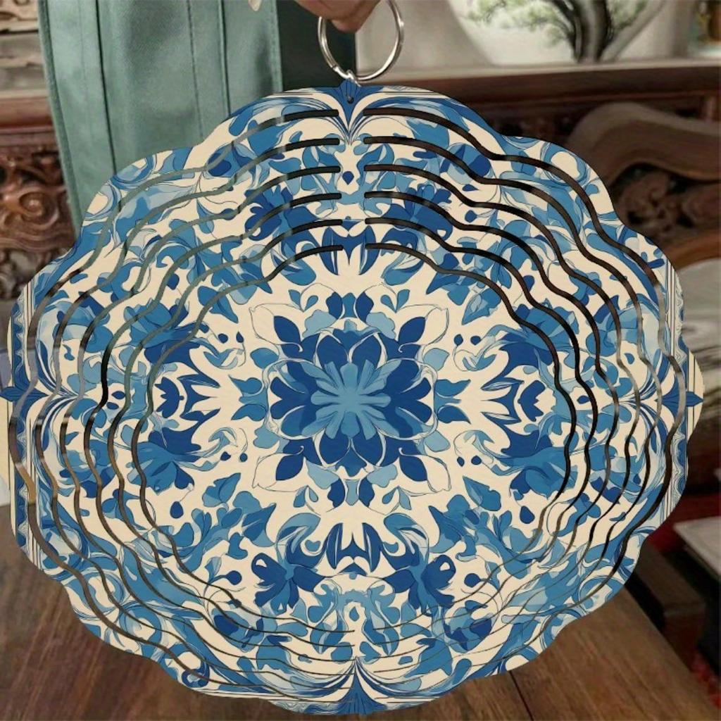 10 Zoll Blau Weiß Floral Metall Windspiel mit 360 Schwenkhaken für Garten Balkon Terrasse Außendekor Frühling Sommer