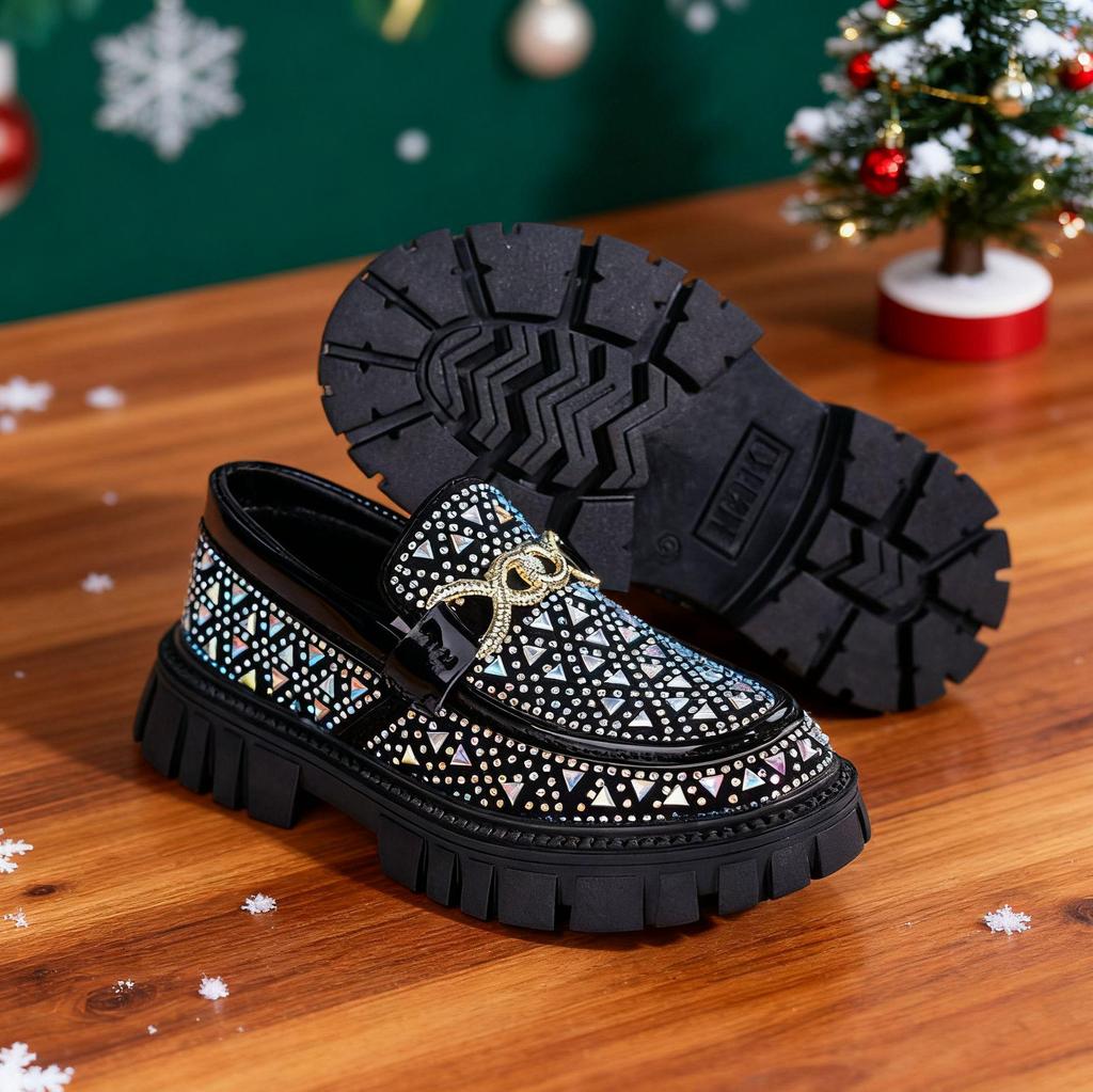 2025 Unisex Rhinestone Loafers: Korean-Style Leather Shoes for Kids