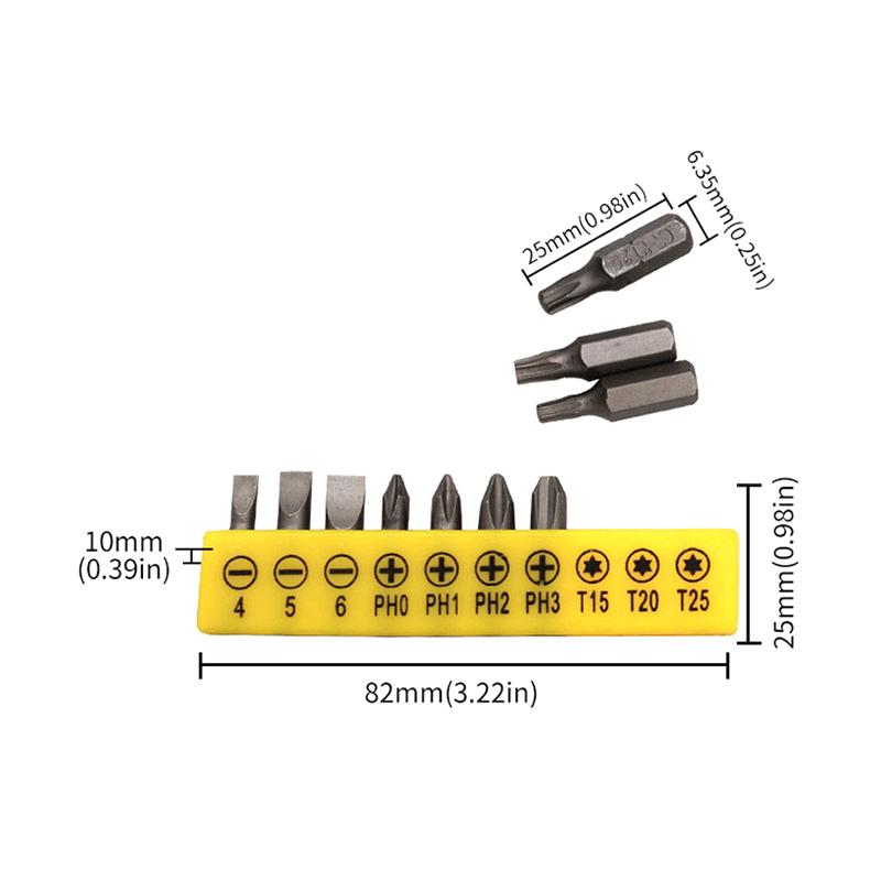L-förmiger 1/4 Sechskant-Schraubendreherbit 90 Grad Doppelkopfgriff Schwarz 6,35 Schraubenschlüssel 10-teiliges Gelbes Klebeband Schraubendreherbit Werkzeugset