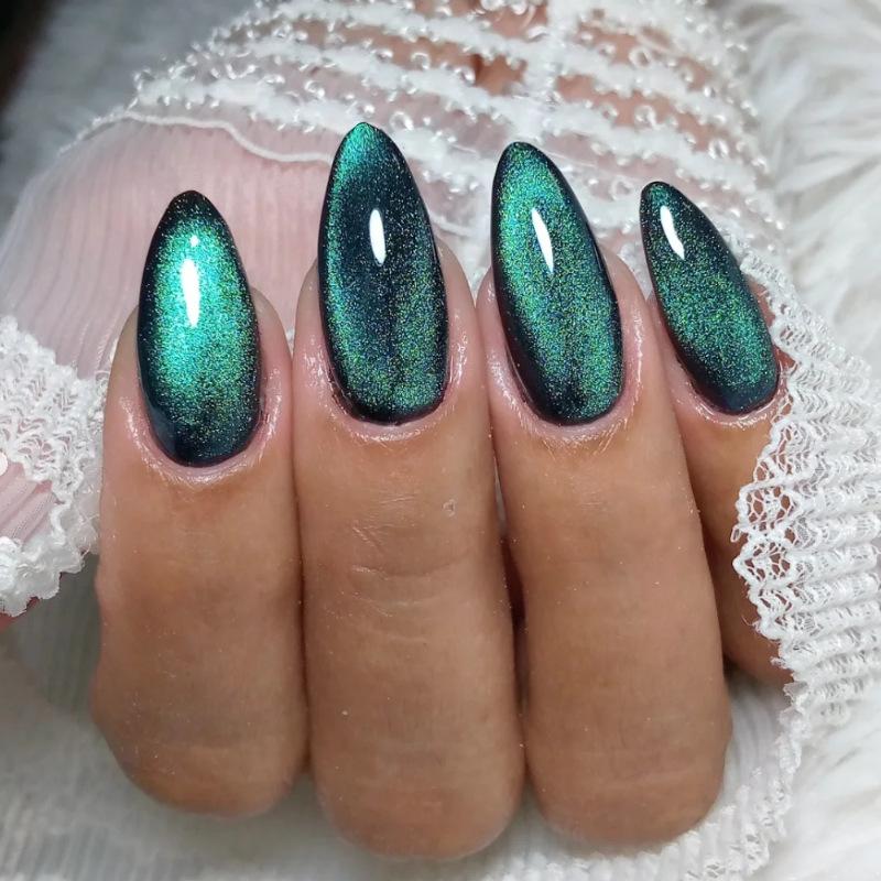 24pcs Glossy Red Cat's Eye Press On Nails Full Cover Nude Wearable Almond False Nails Charms Detachable Fake Nail For Girl