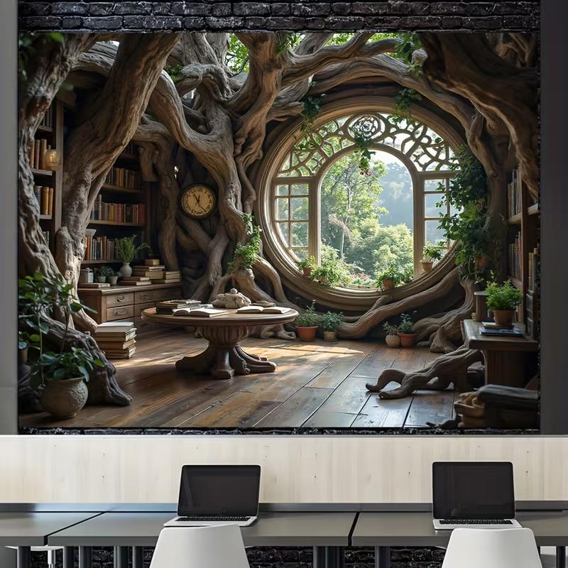 2D Fantasy Forest Study Room with Round Window Backdrop Photography Background Banner