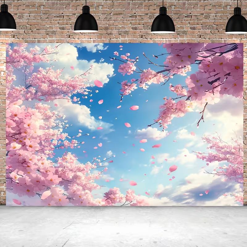 2D Pastel Cherry Blossom Tapestry Aesthetic Spring Sky Wall Art with Falling Sakura Petals