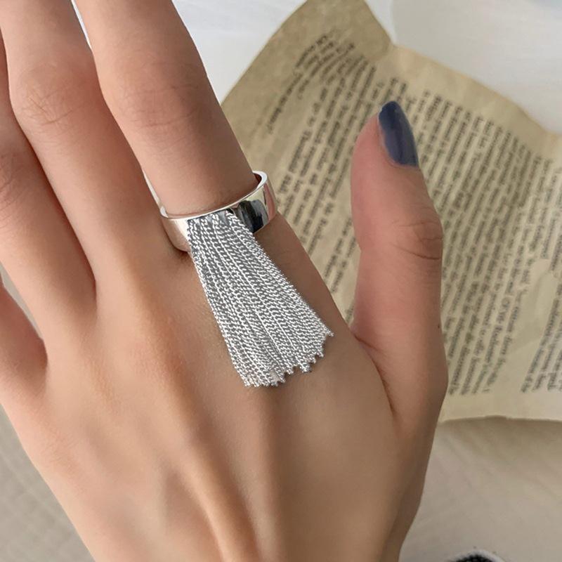

925 Sterling Silver Geometric Tassel Long Chain Open Ring for Women: Fashionable, Versatile, and Elegant