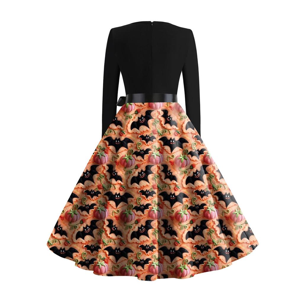 Women's Casual Fashion Long Sleeve  Halloween Graphic Printed Vintage Long Dresses