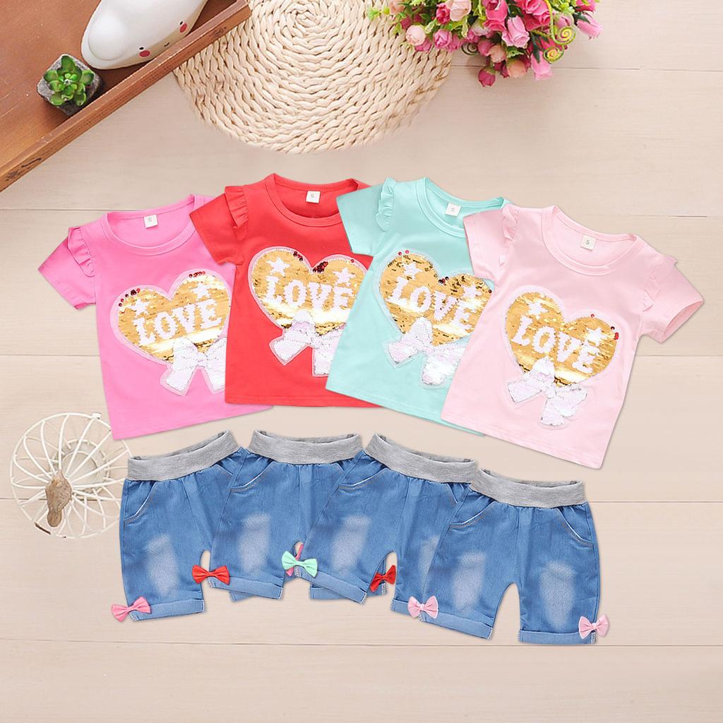 Sagit Toddler Baby Girls Ruffle Paillette Love Bow Printed Tops +Denim Shorts Outfit