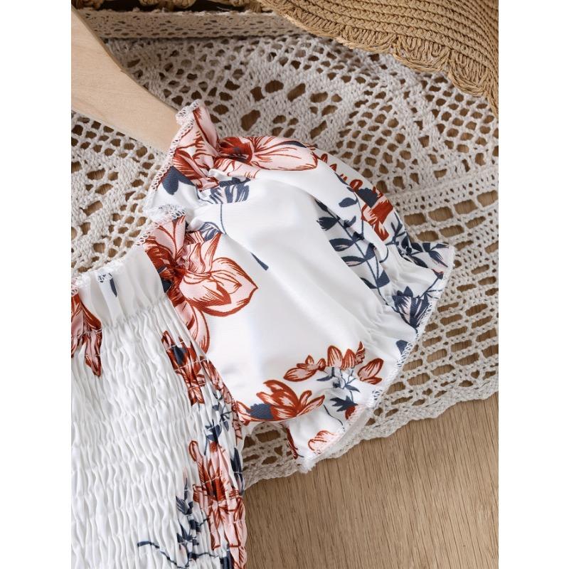 White Waist-Cinching Print Short-Sleeve Round-Neck Casual Dress for Girls