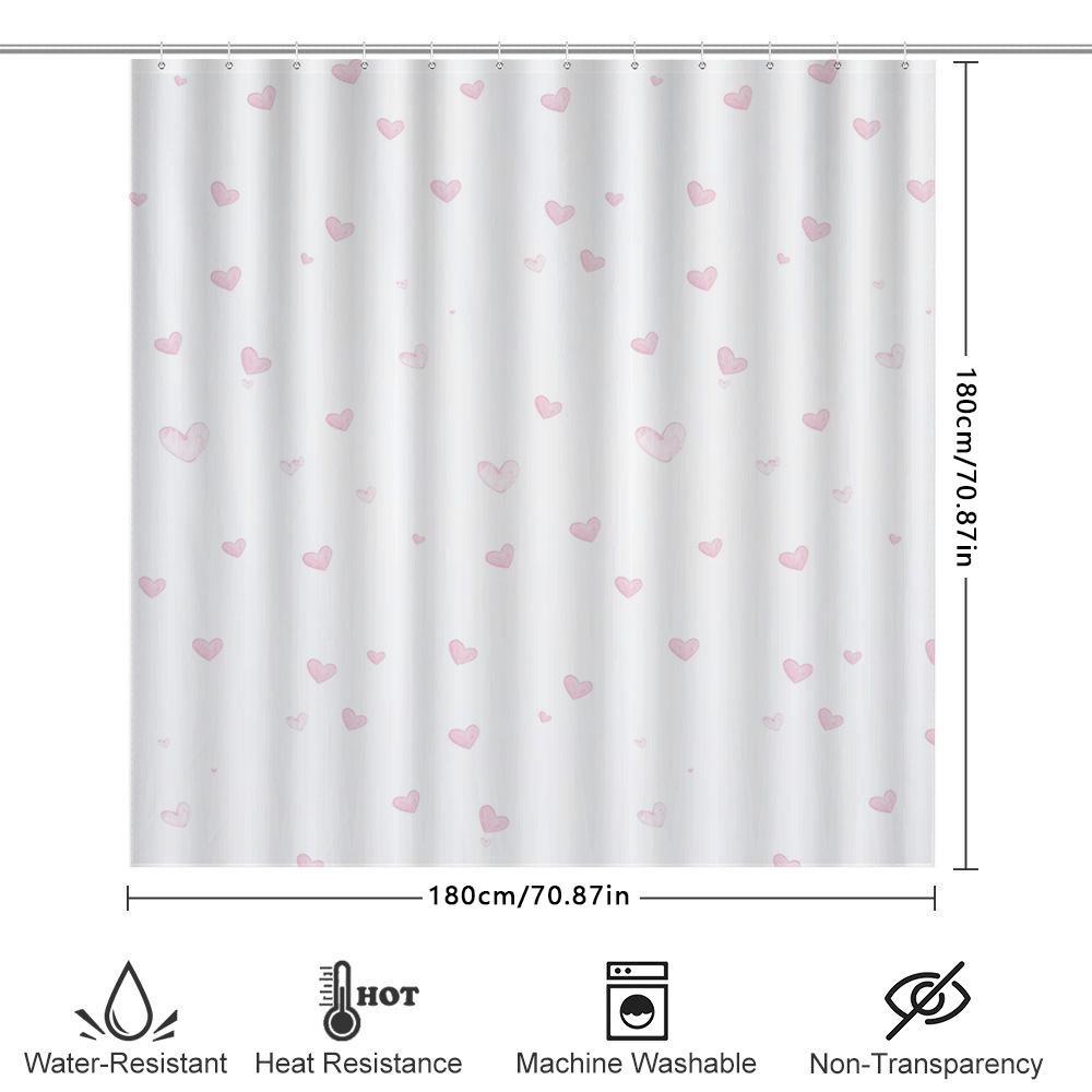 White Heart Shower Curtain Pink Love Print, Bath Decoration, Tub Liner Set For Home Decor (128 Characters)