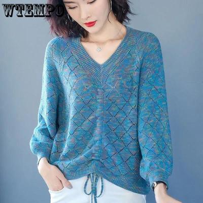 Drawstring Top Women's Sexy Spring Sunscreen Shirt Pullover Hollow Out Knit V-Neck Loose Thin Long Sleeve