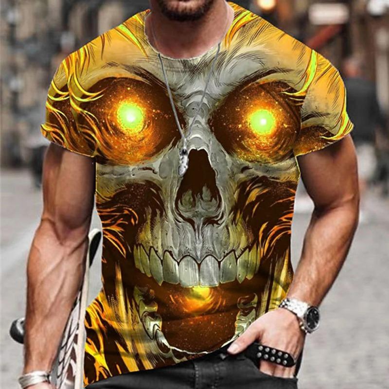 Men's Halloween Sports T-shirt 3D Neutral Skull Print Round Neck Short Sleeved Casual, Comfortable and Fashionable Top