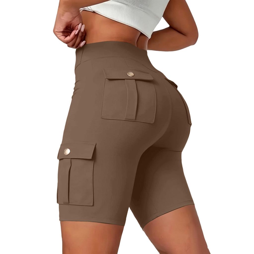 Damen Yoga-Shorts mit Taschen - Atmungsaktive Knopfleiste Hoher Bund Trainingshose