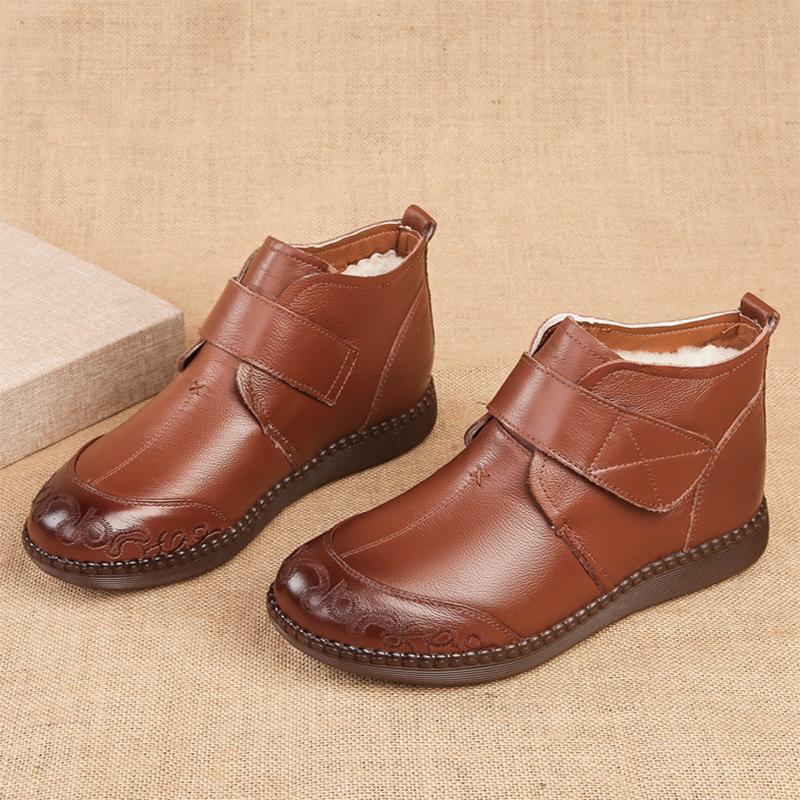 Genuine Leather Snow Boots Women Winter Shoes Warm Plush Flat Non-slip Mother Shoes Plus Size 41