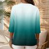 Women's Casual Gradient Print V Neck Button Three Quarter Sleeve T Shirt Linen Cotton Blend Top for Everyday Wear