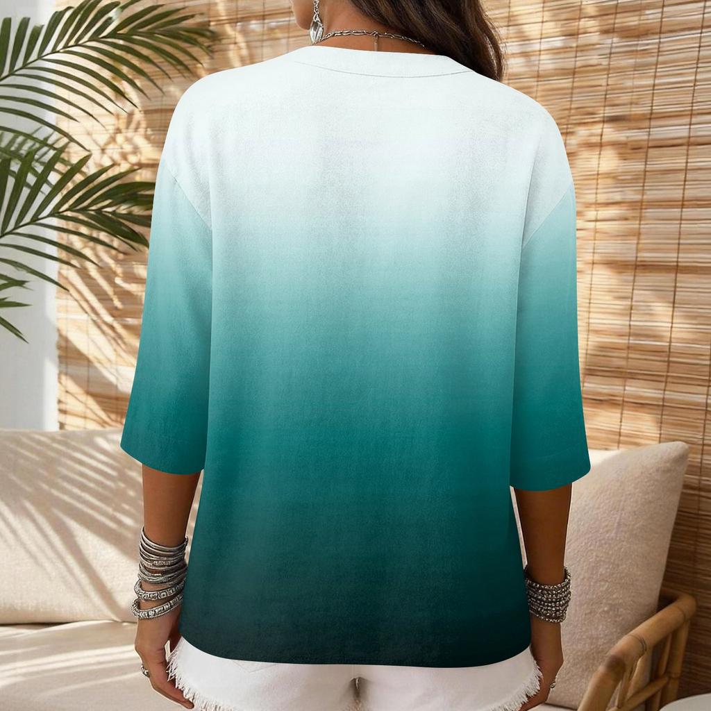 Women's Casual Gradient Print V Neck Button Three Quarter Sleeve T Shirt Linen Cotton Blend Top for Everyday Wear