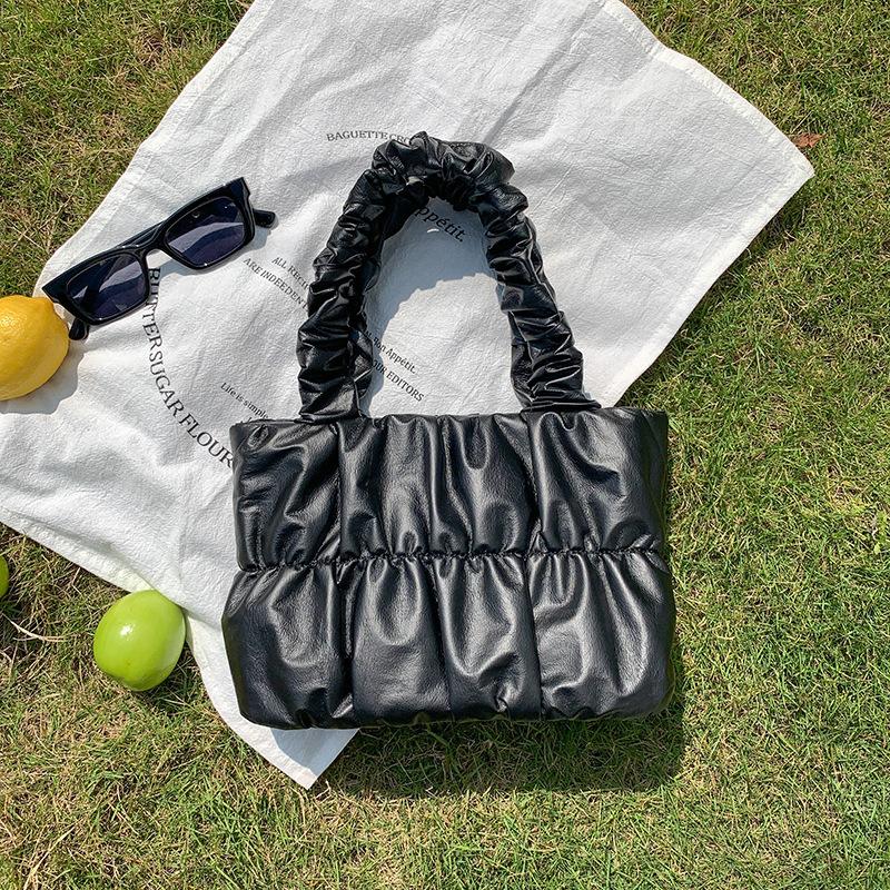 Leather Small Bucket Shoulder Bags with Pleats for Women Summer Bag and Crossbody Foldable Tote Bags