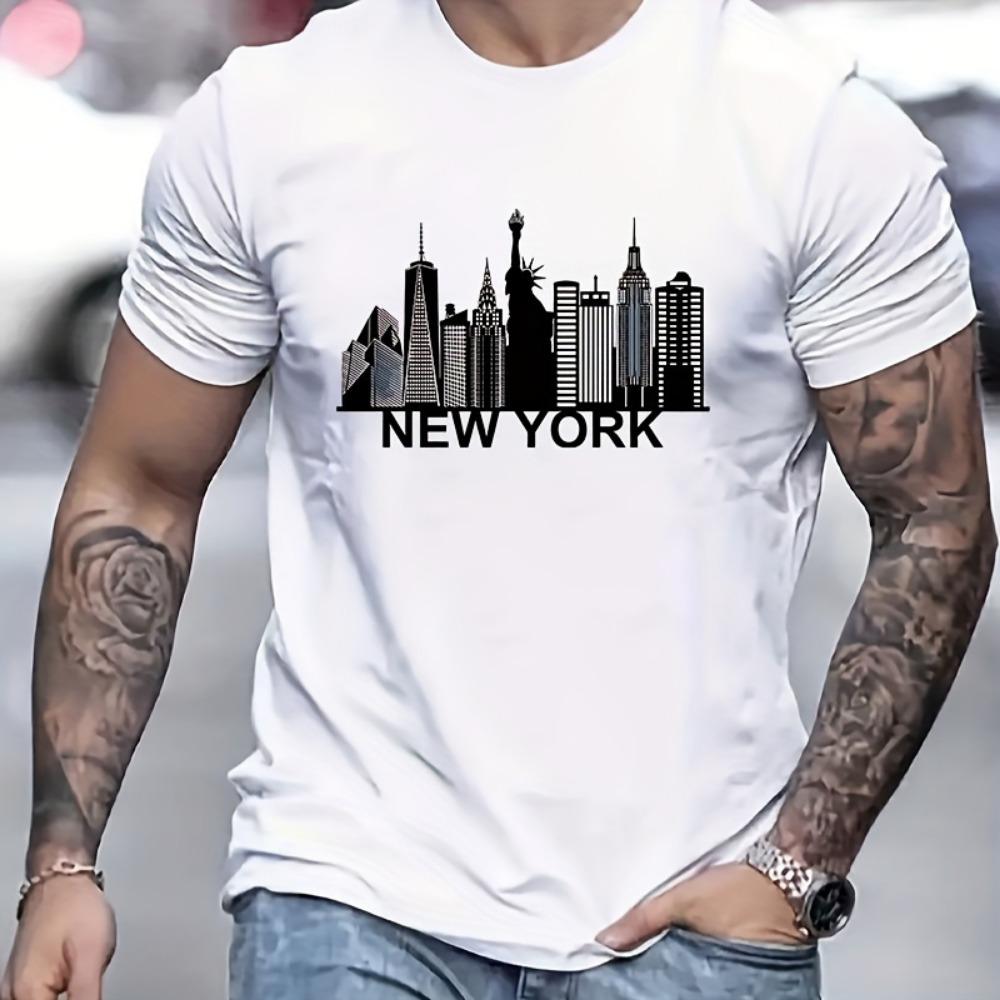 Cotton Men's New York City Pattern Printed Fashionable Casual Loose Sports Round Neck Short Sleeved T-shirt Top