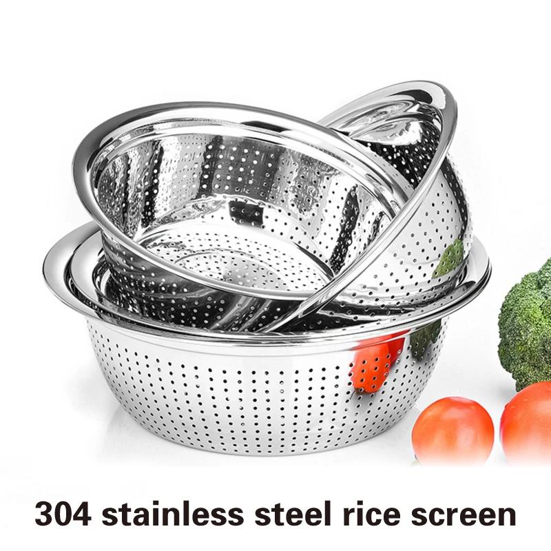 304 Stainless Steel Leaky Basin Rice Washing Sieve Basin Vegetable Basket Leaching Water Washing Fruit Filter Rice Basin