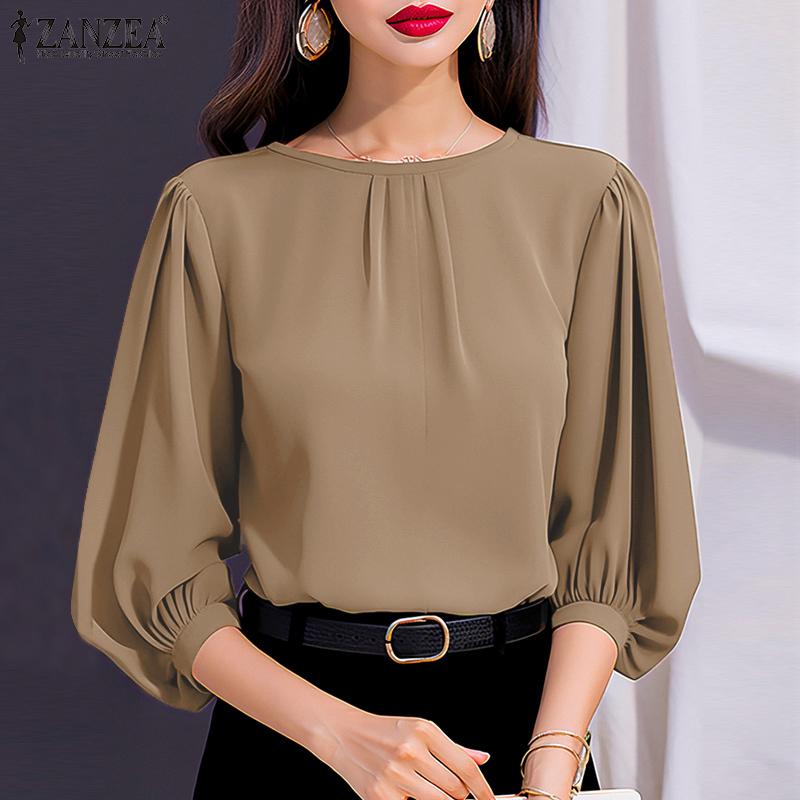 ZANZEA Women Casual O-neck Solid Color Loose 3/4 Sleeve Blouse