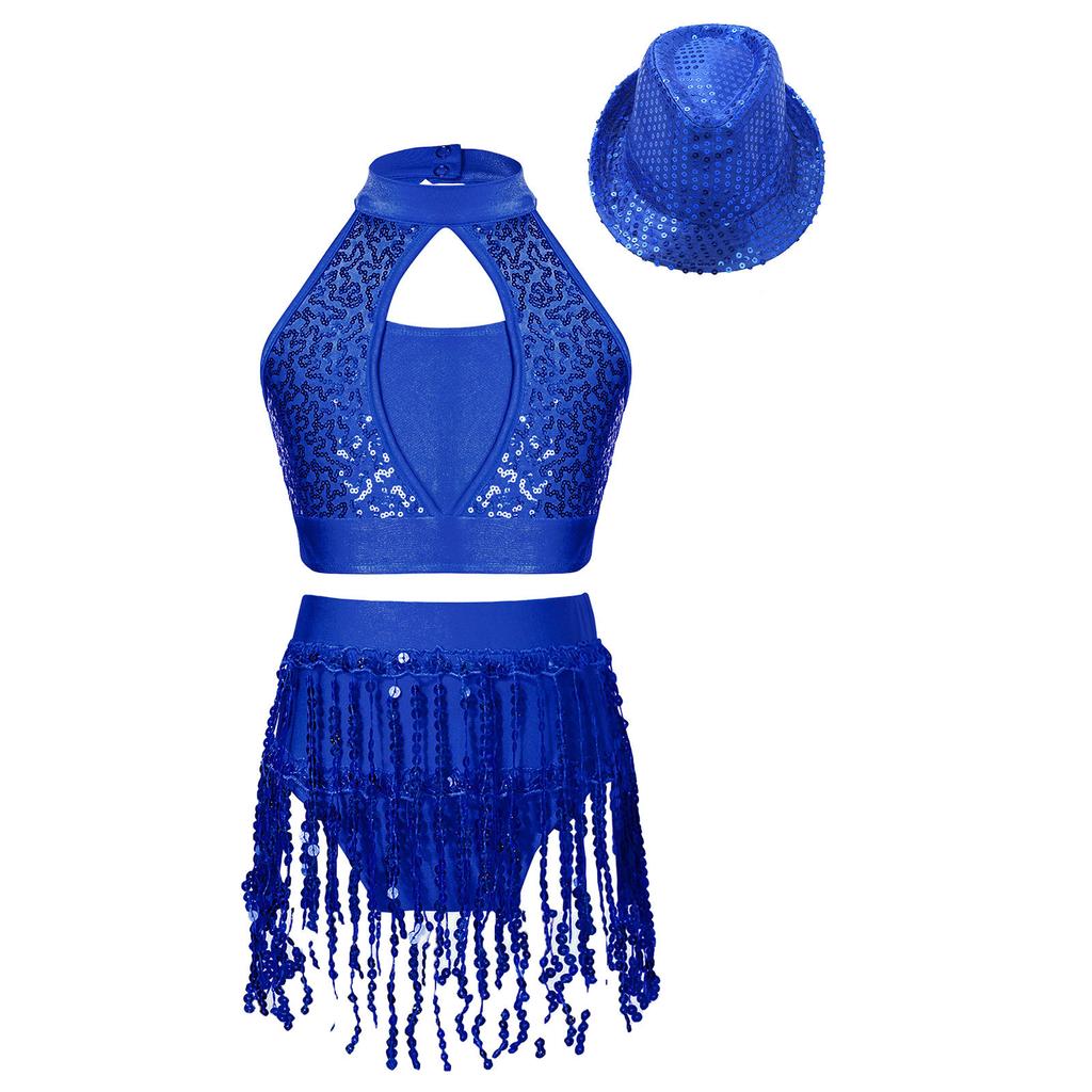 Girls Sleeveless Mock Neck Hollow Front Keyhole Back Sequin Patchwork Crop Top Sequins Tassel Briefs Hat