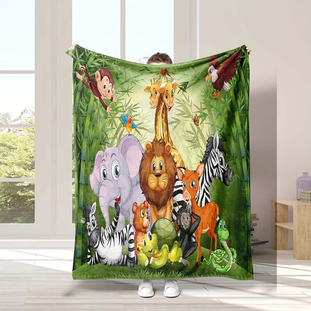 1Pc  Cute Jungle Animal Print Flannel Throw Blanket For Kids Baby Nursery Bedroom Decor