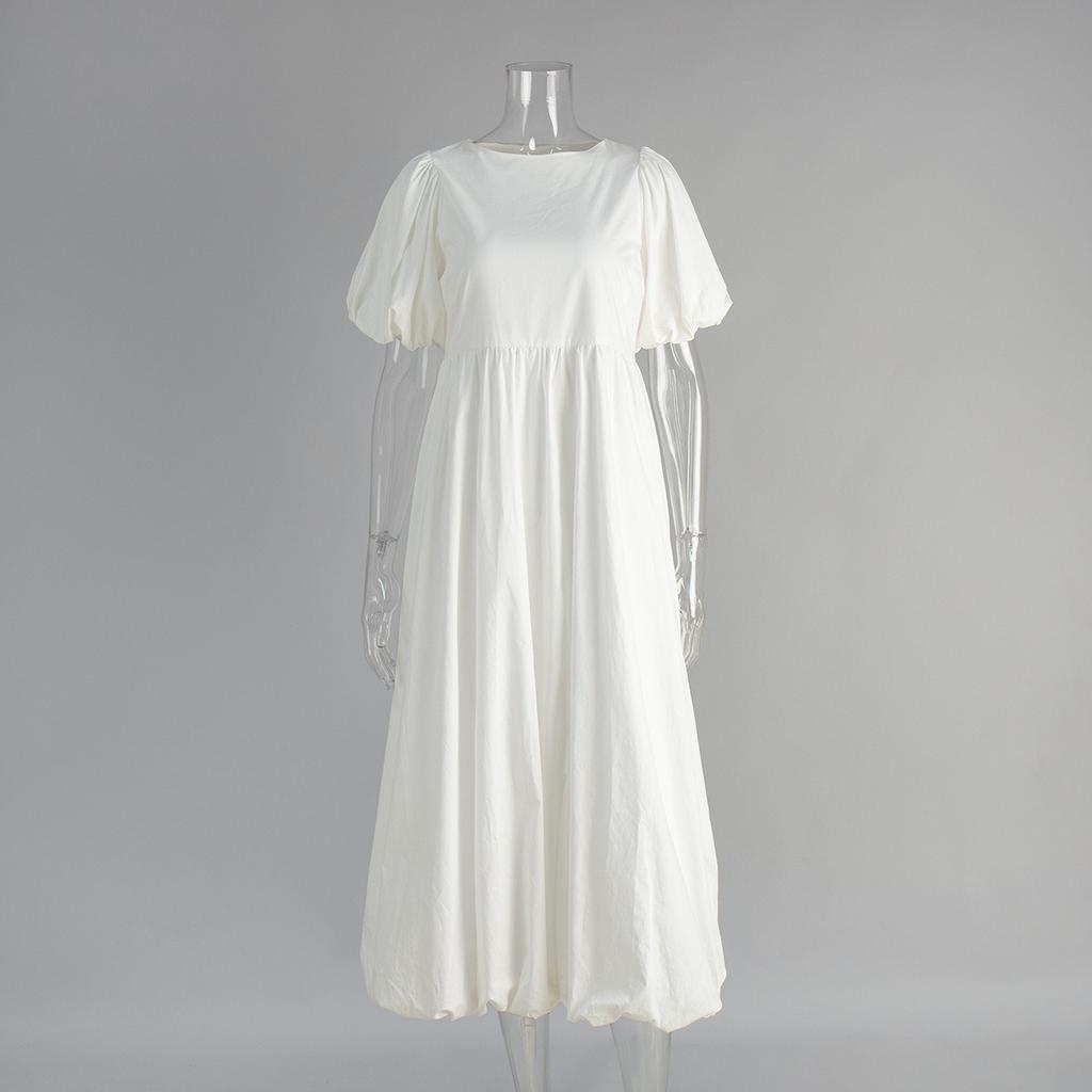 Robe à col rond et manches bouffantes 100% coton pour femme, Robe décontractée ample unie pour le printemps et l'été, Style européen américain